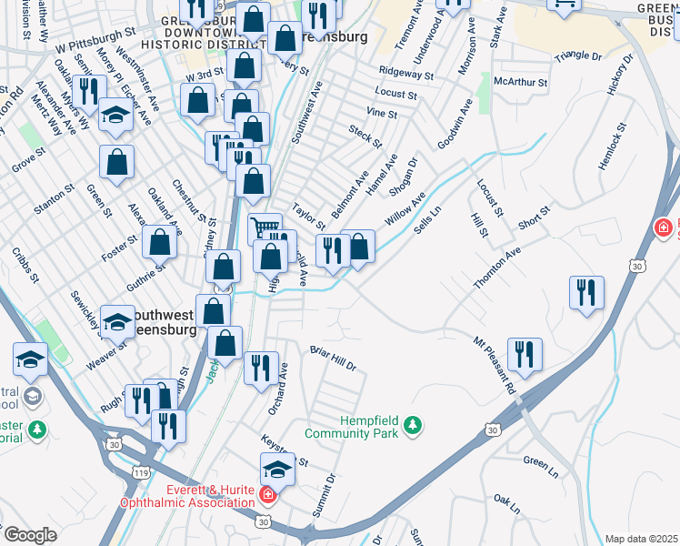 map of restaurants, bars, coffee shops, grocery stores, and more near 325 Unity Way in Greensburg