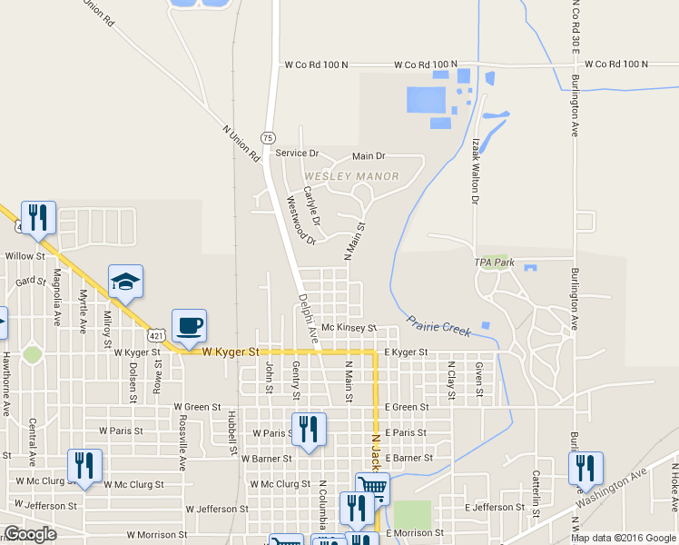 map of restaurants, bars, coffee shops, grocery stores, and more near 1408 North Main Street in Frankfort