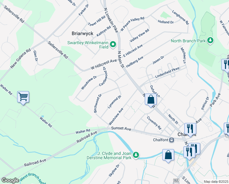 map of restaurants, bars, coffee shops, grocery stores, and more near 84 Birchwood Drive in Chalfont