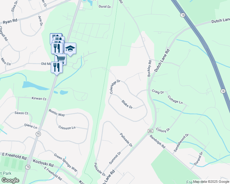 map of restaurants, bars, coffee shops, grocery stores, and more near 14 Blake Drive in Marlboro Township