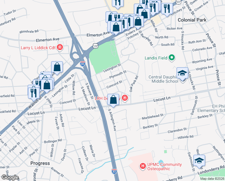 map of restaurants, bars, coffee shops, grocery stores, and more near 4222 Cambridge Street in Harrisburg