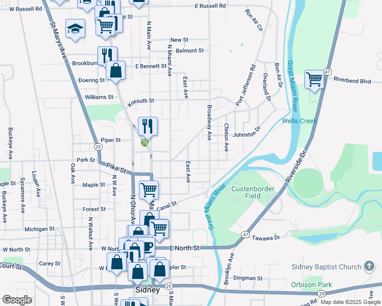 map of restaurants, bars, coffee shops, grocery stores, and more near 714 East Avenue in Sidney