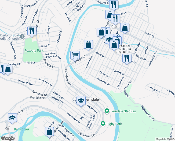 map of restaurants, bars, coffee shops, grocery stores, and more near 822 Central Avenue in Johnstown