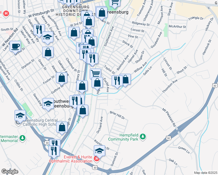 map of restaurants, bars, coffee shops, grocery stores, and more near 521 Mount Pleasant Street in Greensburg