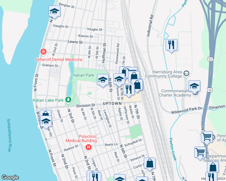 map of restaurants, bars, coffee shops, grocery stores, and more near 2937 North 6th Street in Harrisburg