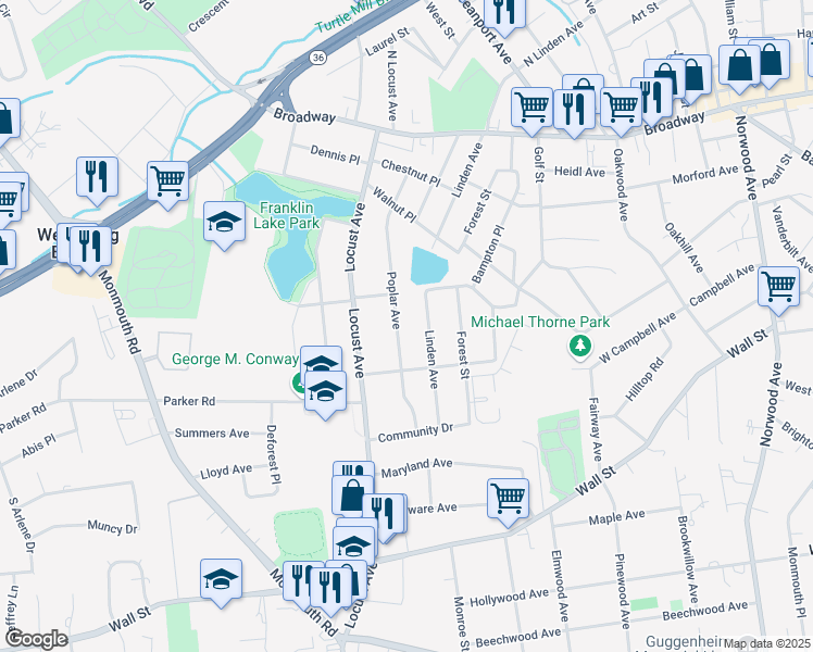 map of restaurants, bars, coffee shops, grocery stores, and more near 66 Poplar Avenue in West Long Branch