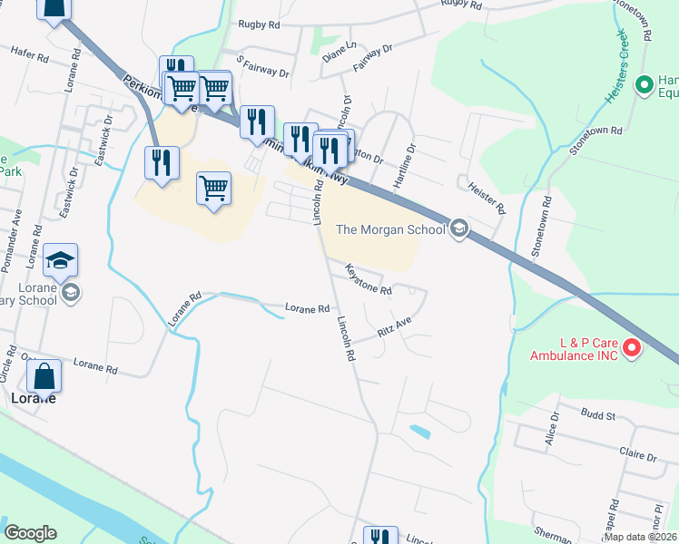 map of restaurants, bars, coffee shops, grocery stores, and more near 59 Keystone Road in Reading