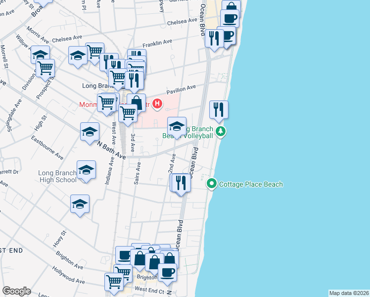 map of restaurants, bars, coffee shops, grocery stores, and more near 70 North Bath Avenue in Long Branch