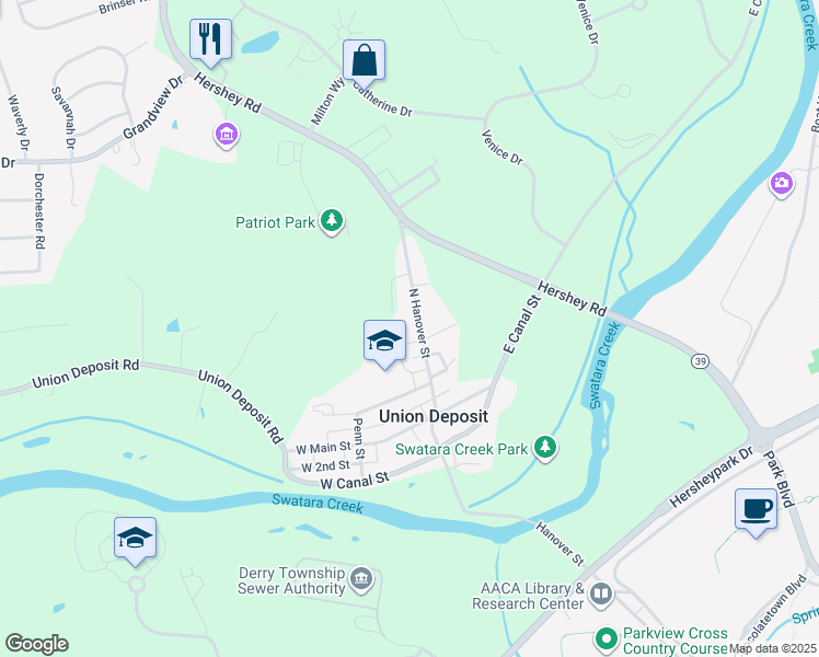 map of restaurants, bars, coffee shops, grocery stores, and more near 406 N Hanover St in Hershey