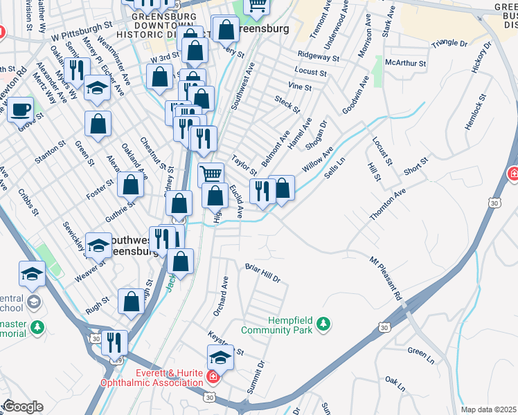 map of restaurants, bars, coffee shops, grocery stores, and more near 325 Unity Way in Greensburg