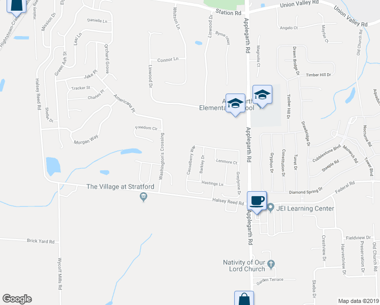 map of restaurants, bars, coffee shops, grocery stores, and more near 22 Casselberry Way in Monroe Township