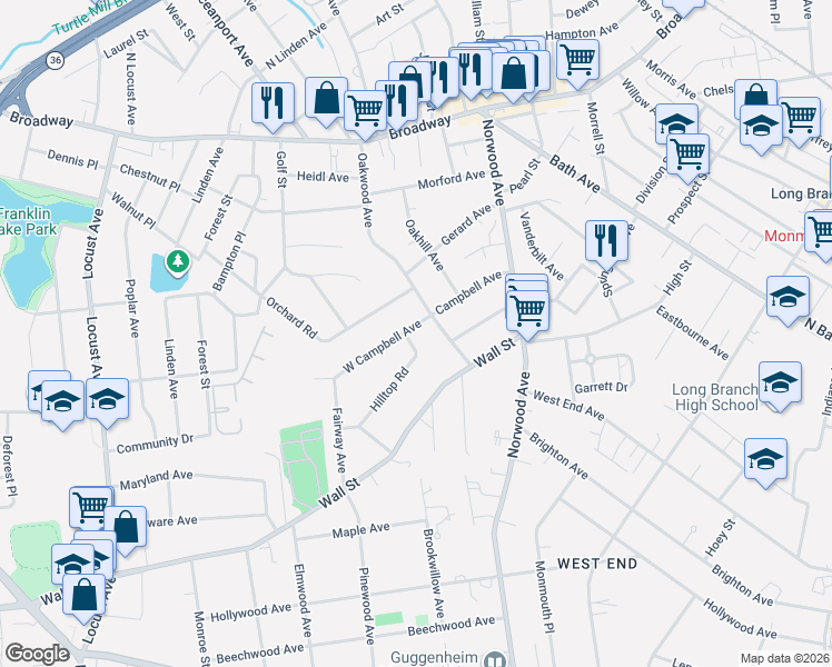 map of restaurants, bars, coffee shops, grocery stores, and more near 2 Hilltop Road in West Long Branch