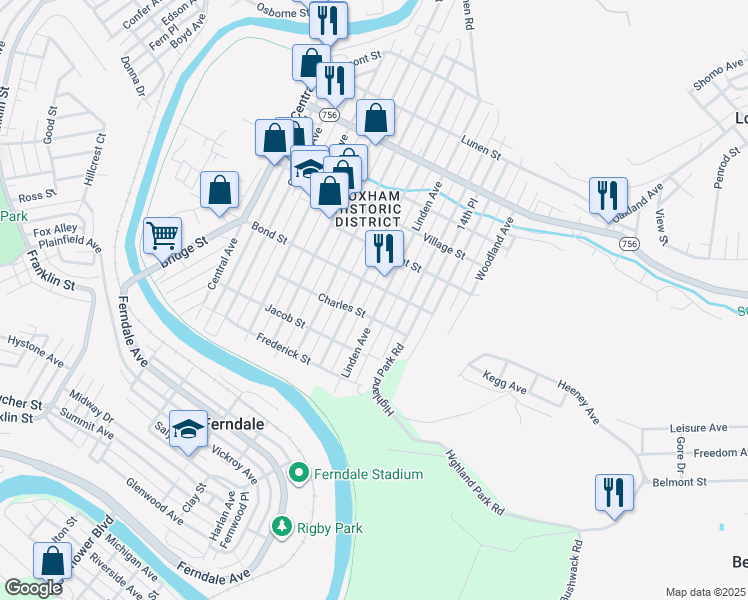map of restaurants, bars, coffee shops, grocery stores, and more near 725 Linden Avenue in Johnstown