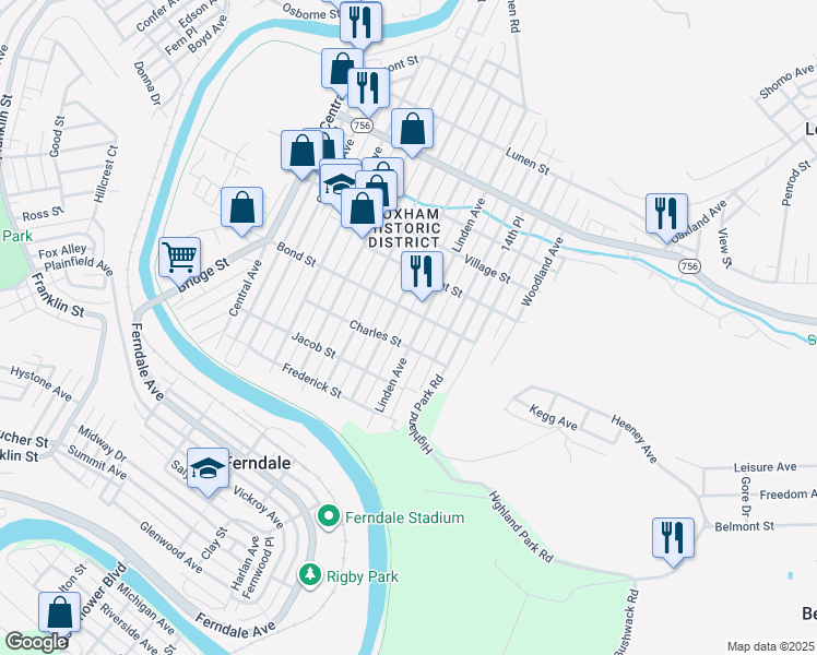 map of restaurants, bars, coffee shops, grocery stores, and more near 725 Linden Avenue in Johnstown