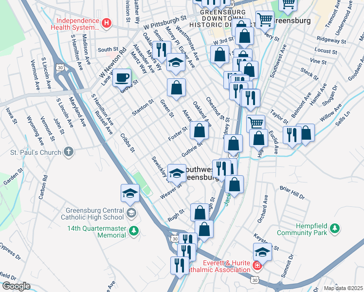 map of restaurants, bars, coffee shops, grocery stores, and more near 632 Green Street in Greensburg