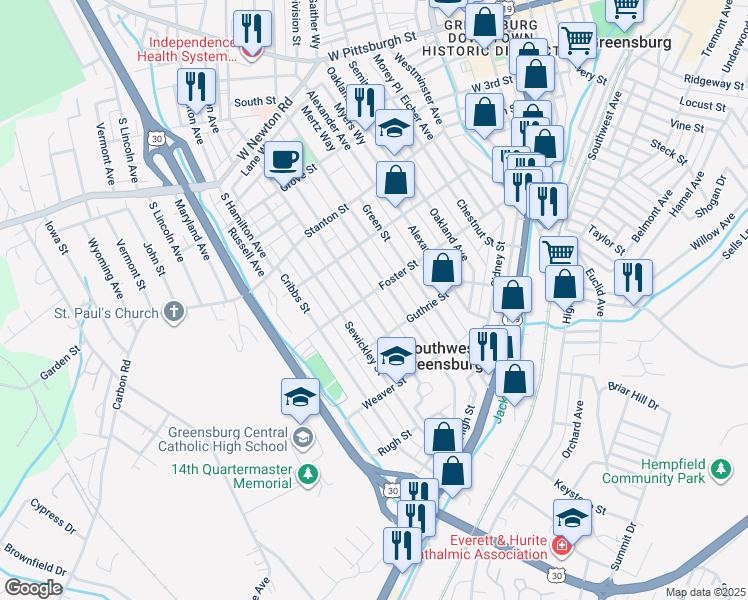 map of restaurants, bars, coffee shops, grocery stores, and more near 612 Mace Street in Greensburg