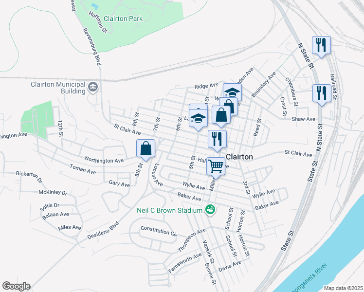 map of restaurants, bars, coffee shops, grocery stores, and more near 540 Saint Clair Avenue in Clairton