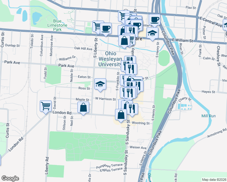 map of restaurants, bars, coffee shops, grocery stores, and more near 177 South Franklin Street in Delaware