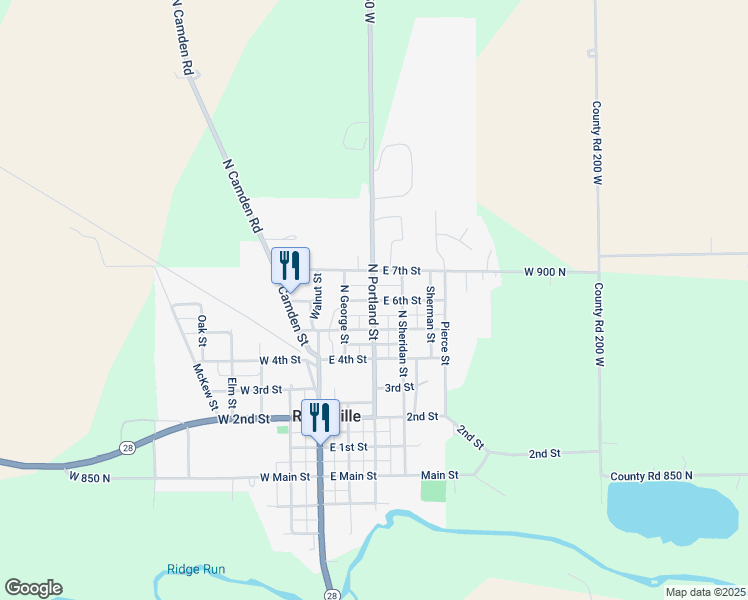 map of restaurants, bars, coffee shops, grocery stores, and more near 300 East 6th Street in Ridgeville
