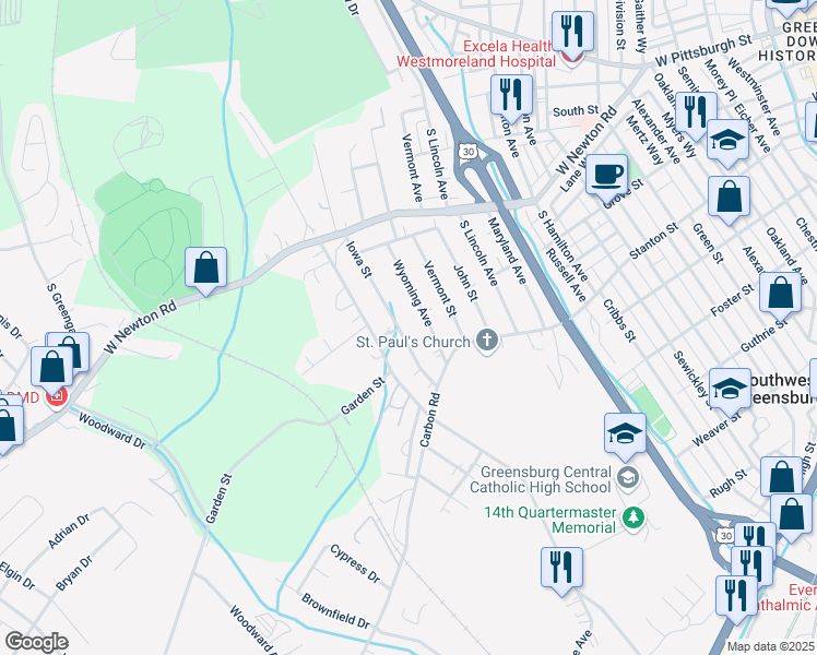 map of restaurants, bars, coffee shops, grocery stores, and more near 303 Iowa St in Greensburg