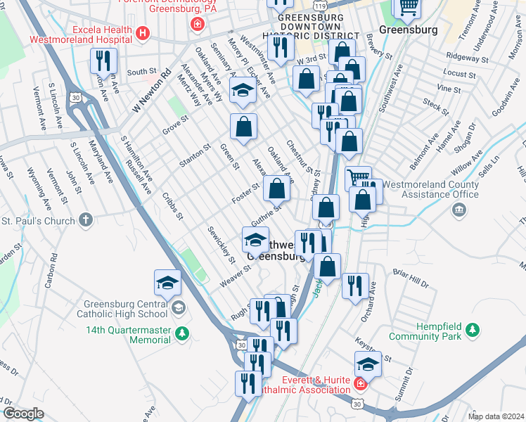 map of restaurants, bars, coffee shops, grocery stores, and more near 632 Green Street in Greensburg