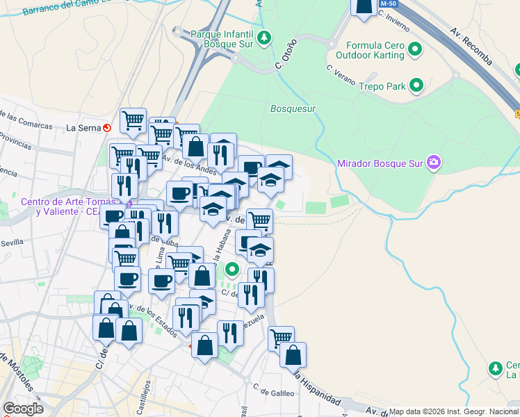 map of restaurants, bars, coffee shops, grocery stores, and more near 33 Calle de Colombia in Fuenlabrada