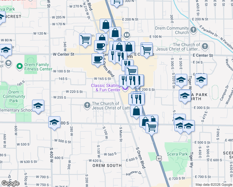 map of restaurants, bars, coffee shops, grocery stores, and more near 229 South 50 West Street in Orem