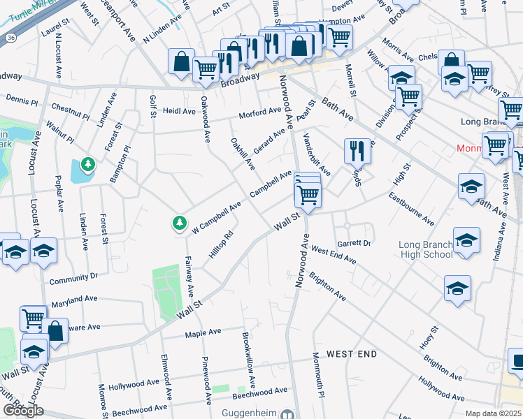 map of restaurants, bars, coffee shops, grocery stores, and more near 191 Oakwood Avenue in Long Branch