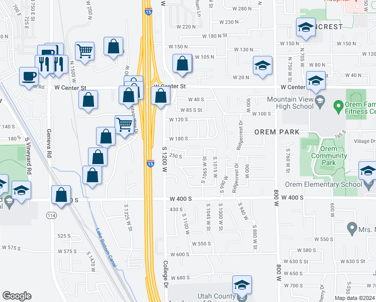 map of restaurants, bars, coffee shops, grocery stores, and more near 229 South 1120 West Street in Orem