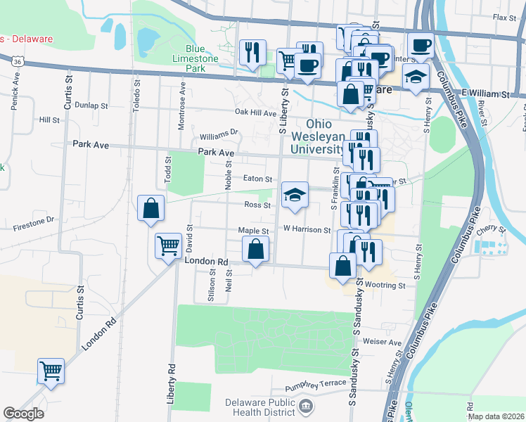map of restaurants, bars, coffee shops, grocery stores, and more near 23 Ross St in Delaware