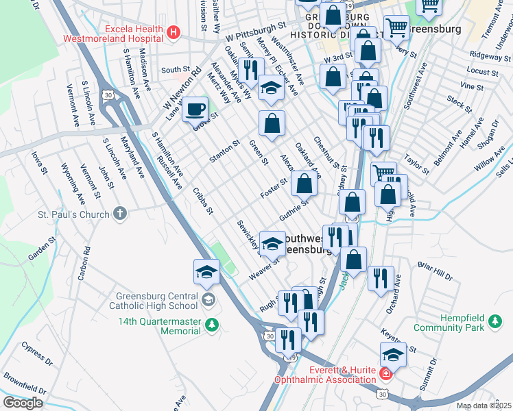 map of restaurants, bars, coffee shops, grocery stores, and more near 530 Foster Street in Greensburg