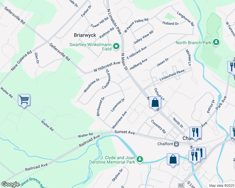 map of restaurants, bars, coffee shops, grocery stores, and more near 84 Birchwood Drive in Chalfont