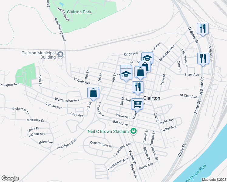 map of restaurants, bars, coffee shops, grocery stores, and more near 540 Saint Clair Avenue in Clairton