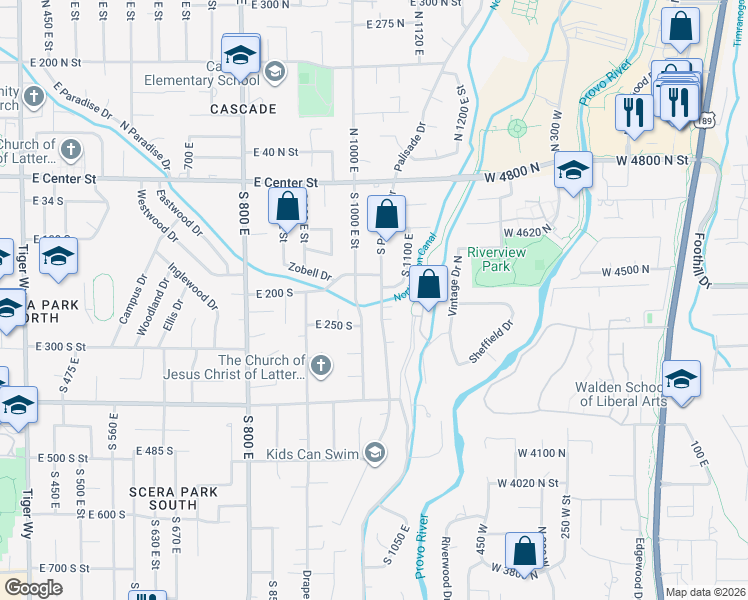 map of restaurants, bars, coffee shops, grocery stores, and more near 250 South Palisade Drive in Orem