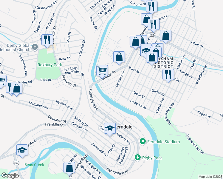 map of restaurants, bars, coffee shops, grocery stores, and more near 11 Cleveland Street in Johnstown