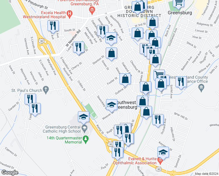 map of restaurants, bars, coffee shops, grocery stores, and more near 612 Mace Street in Greensburg