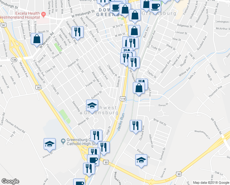 map of restaurants, bars, coffee shops, grocery stores, and more near 748 Sidney St in Greensburg