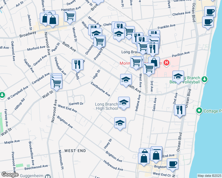 map of restaurants, bars, coffee shops, grocery stores, and more near 364 Westwood Avenue in Long Branch