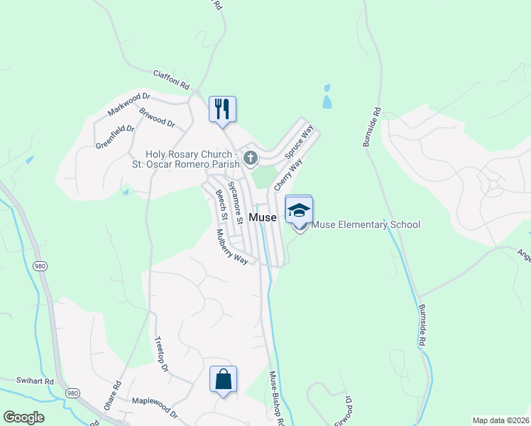 map of restaurants, bars, coffee shops, grocery stores, and more near 212 Muse-Bishop Road in Muse