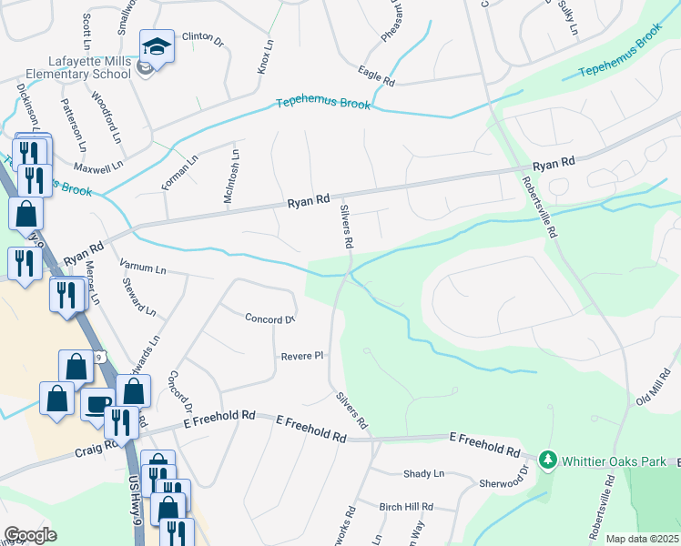 map of restaurants, bars, coffee shops, grocery stores, and more near 20 Silvers Road in Marlboro