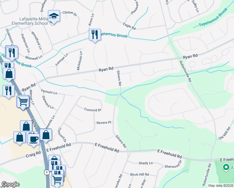 map of restaurants, bars, coffee shops, grocery stores, and more near 20 Silvers Road in Marlboro