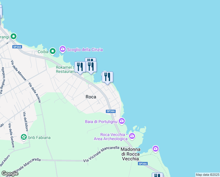map of restaurants, bars, coffee shops, grocery stores, and more near 27 Piazza del Mare in Roca Vecchia