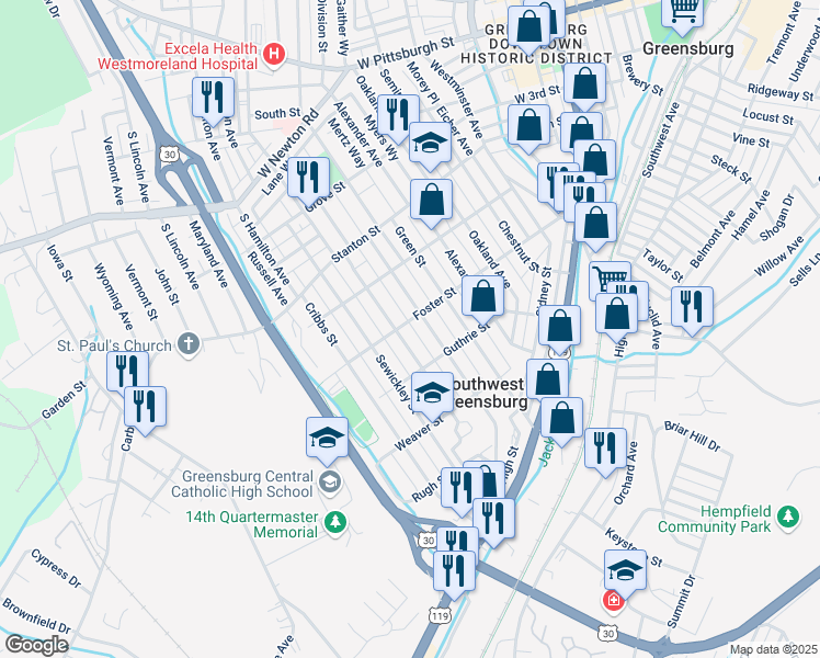 map of restaurants, bars, coffee shops, grocery stores, and more near 526 Foster Street in Greensburg