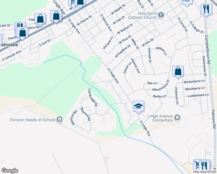 map of restaurants, bars, coffee shops, grocery stores, and more near 615 Cambridge Court in Palmyra
