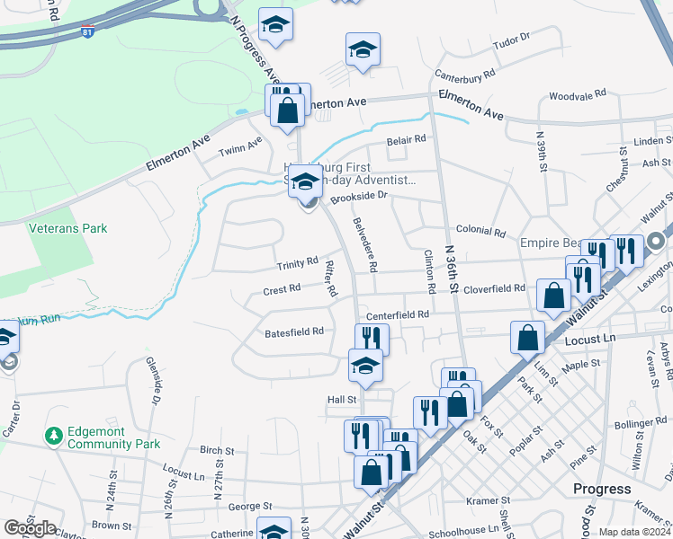 map of restaurants, bars, coffee shops, grocery stores, and more near 409 Ritter Road in Harrisburg