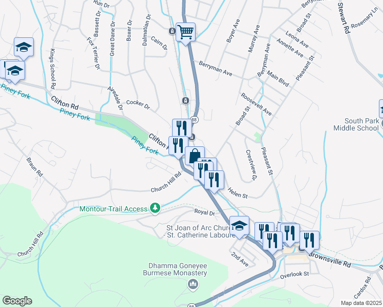 map of restaurants, bars, coffee shops, grocery stores, and more near 6255 Library Road in Bethel Park