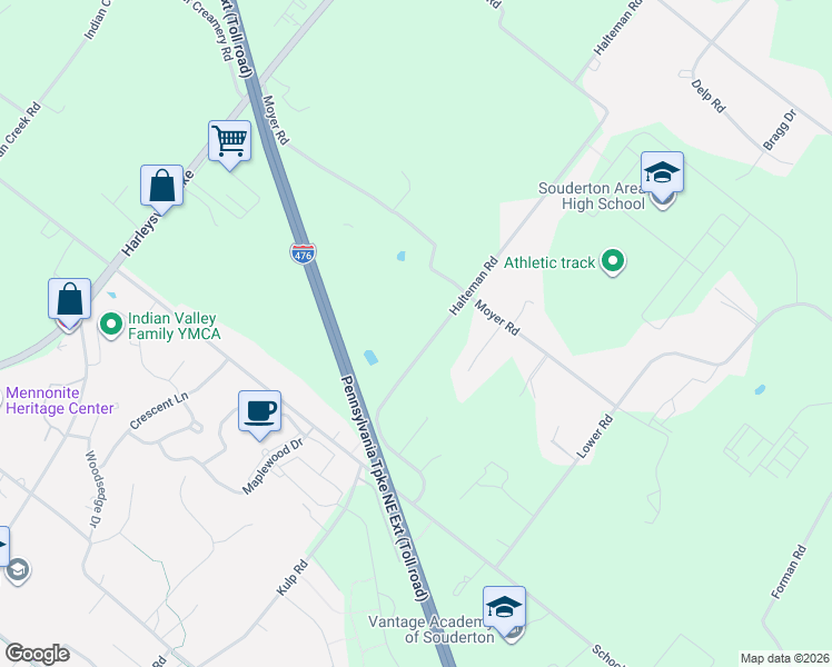 map of restaurants, bars, coffee shops, grocery stores, and more near 755 Halteman Road in Souderton