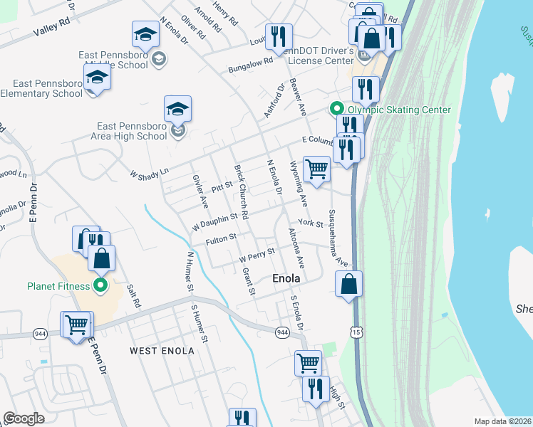 map of restaurants, bars, coffee shops, grocery stores, and more near 222 West Dauphin Street in Enola