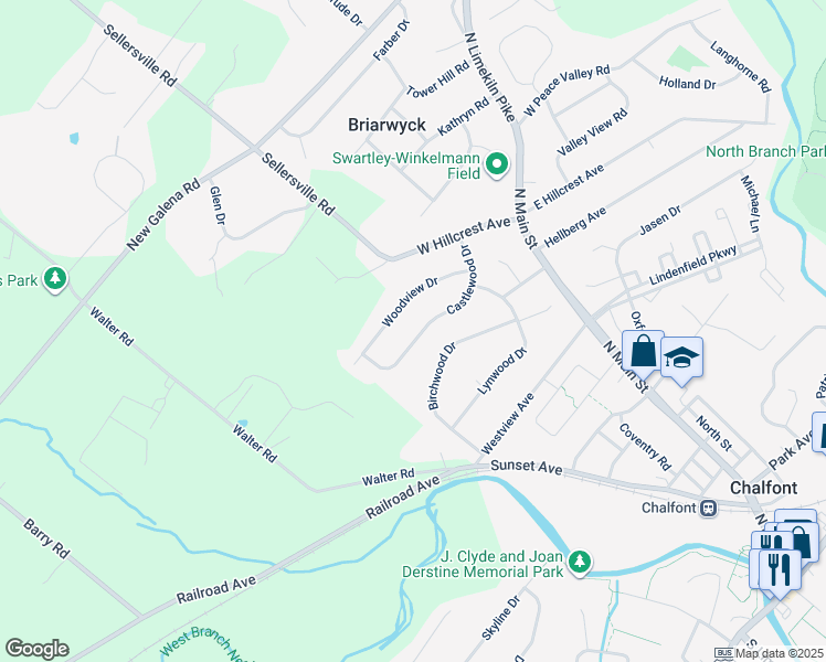 map of restaurants, bars, coffee shops, grocery stores, and more near 52 Castlewood Drive in Chalfont