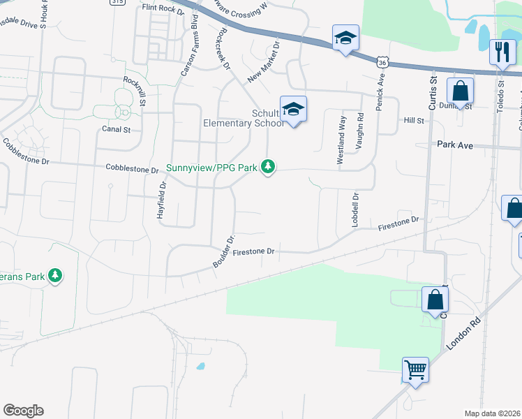map of restaurants, bars, coffee shops, grocery stores, and more near 635 Pebble Place Drive in Delaware